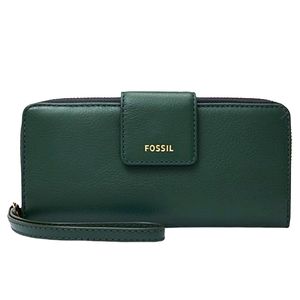Fossil Madison Pine Green Leather Zip Clutch Wallet
